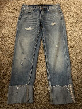 Zara Light Blue Distressed Boyfriend Jeans with Cuffed Hem, Waist 28, Inseam 25